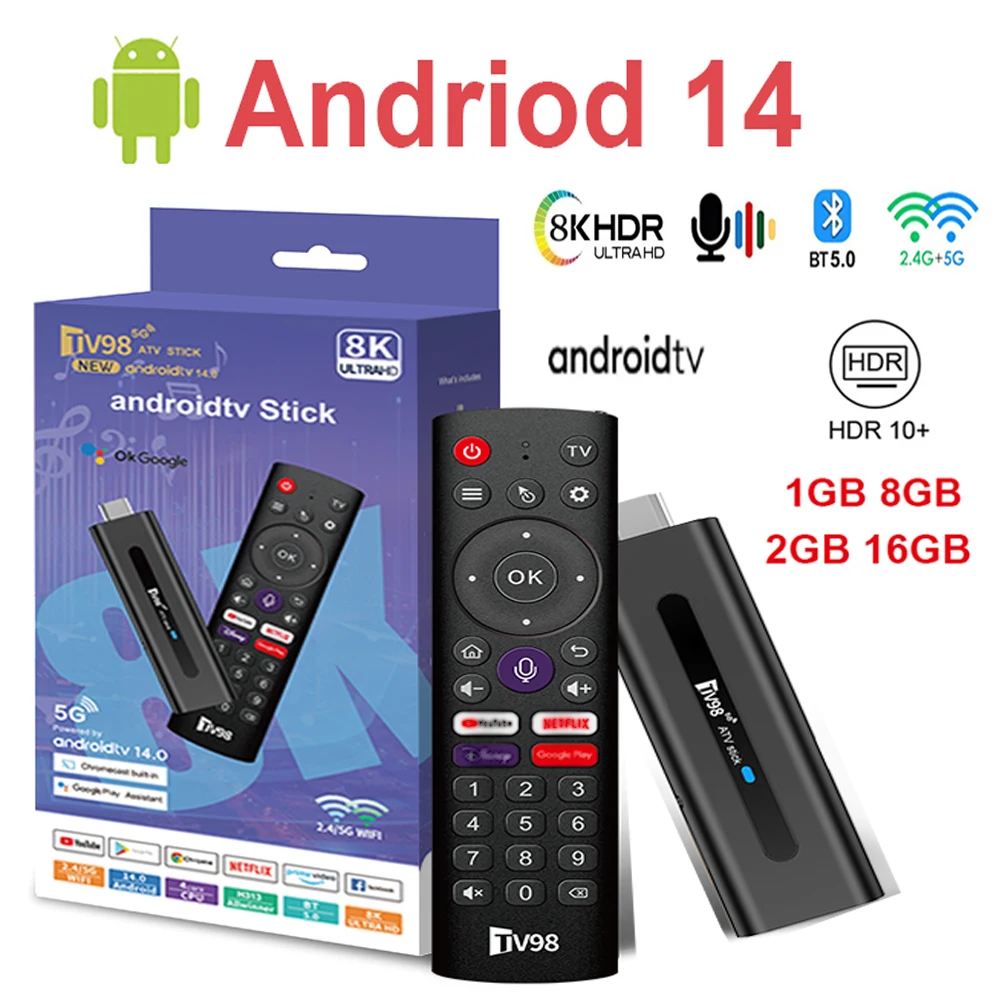 TV Stick Android 14 ATV 4K  Smart Mini TV Box Support 8K Video BT5.0 2.4G&5G Dual WiFi Quad-core Digital Voice Remote Control