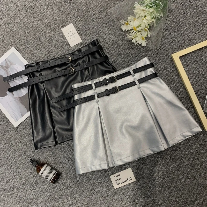 New Fashion Pu Mini Skirt Women Autumn Winter High Waist Slim Sexy Club Party Short Skirts Solid Color Pleated Jupe