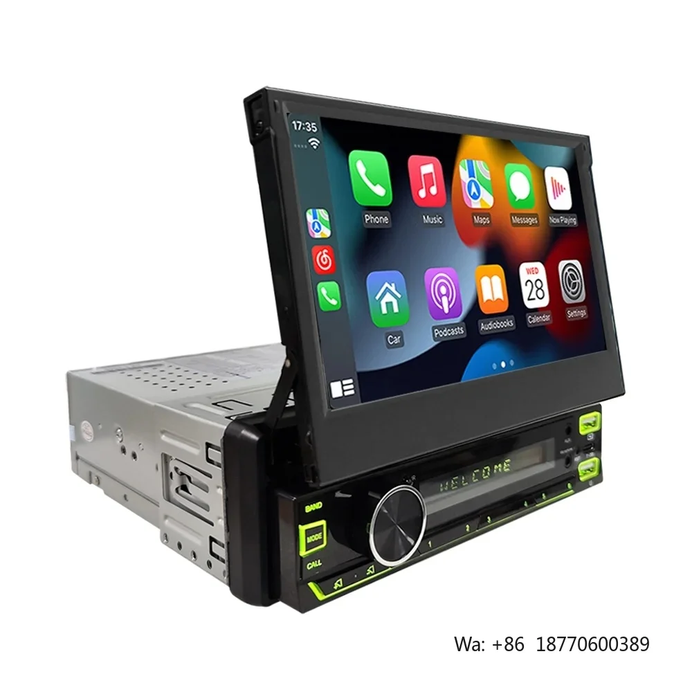 1Din Universal MP5 Player Car Radio 7 Inch Electric Retractable Touch Screen with Wireless Apple Carplay Android Auto BT Music