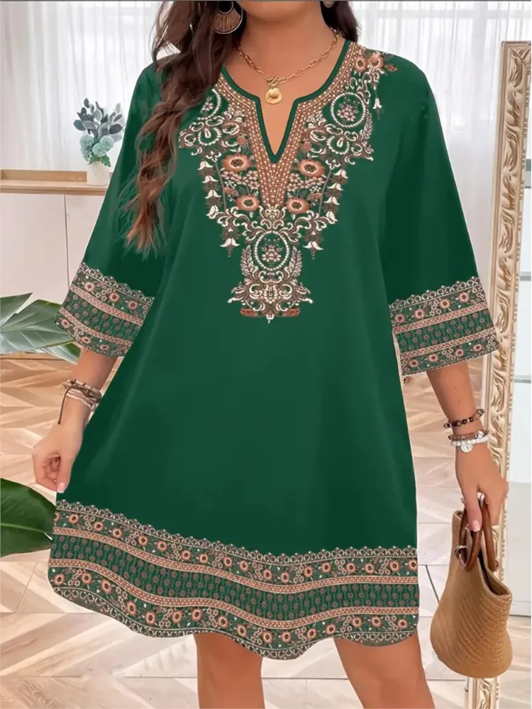 Abito casual con stampa per le vacanze per le donne Moda tre quarti con scollo a V Abiti pullover Lady Boho Vintage Abbigliamento donna Estate Nuovo