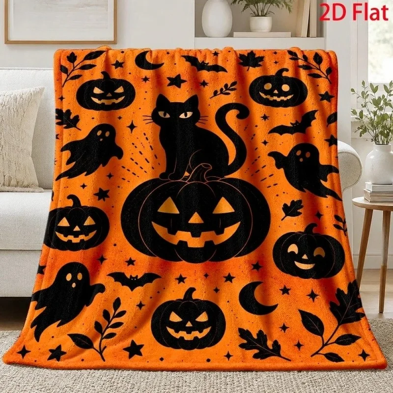 Orange Halloween Black Cat Pumpkin Flannel Throw Blanket, Bat Ghost Moon Leaf Print Soft Warm Blanket for Bed Halloween Decor