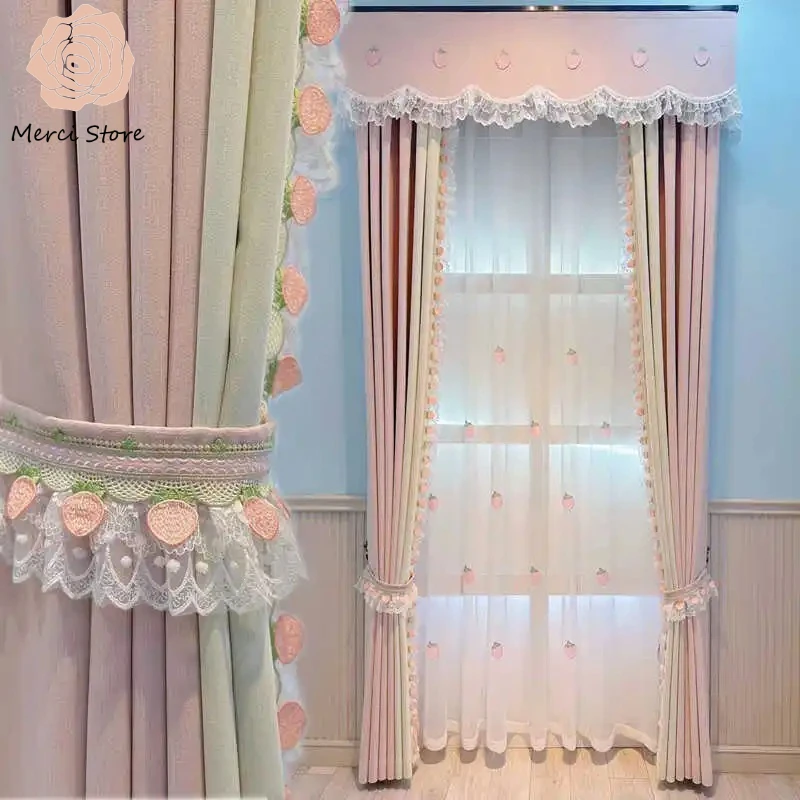 Luxury Strawberry Princess Style Snow Neil Blackout Curtains for Girls Bedroom Wedding Room Floor To Ceiling Thermal Drapes
