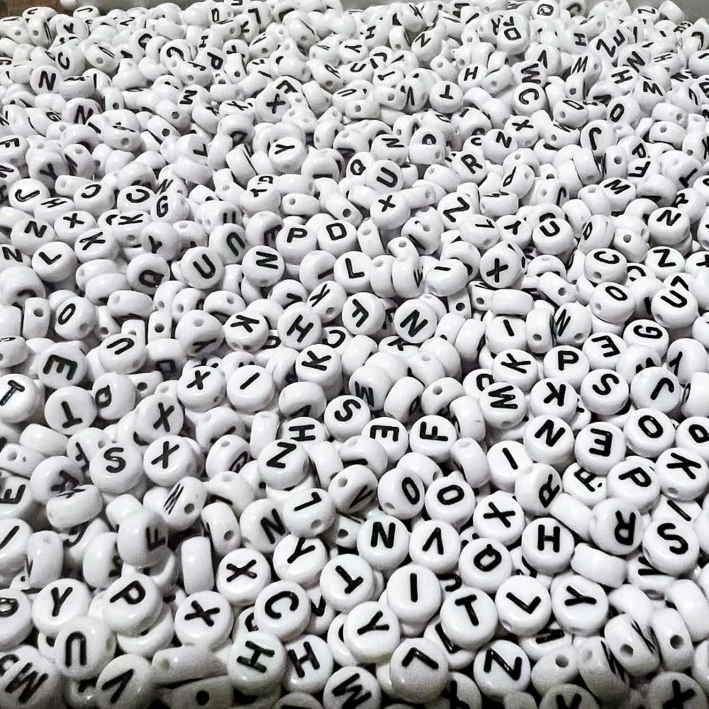 300 Random Acrylic 26 English Letter Beads Round Flat Square White Background Black Letter Beads DIY Jewelry Accessories