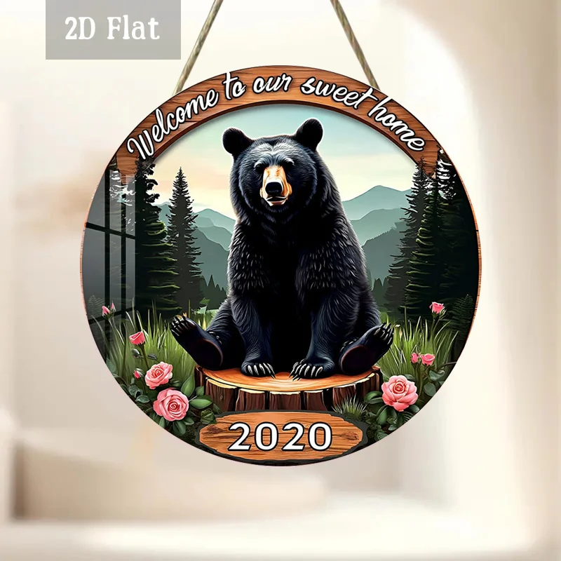 2D Flat, 1pc Bear Design Wooden Panel Painting Decoration, Mountain Scene Wood Panel Painting, Rhododendron Wall Art - Woodcutte