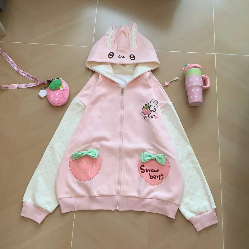 

Cute Strawberry Rabbit Ear Embroidered Hooded Color Block Jacket Japanese Style Sweet Girl Cartoon Print Zipper Jacket for Women