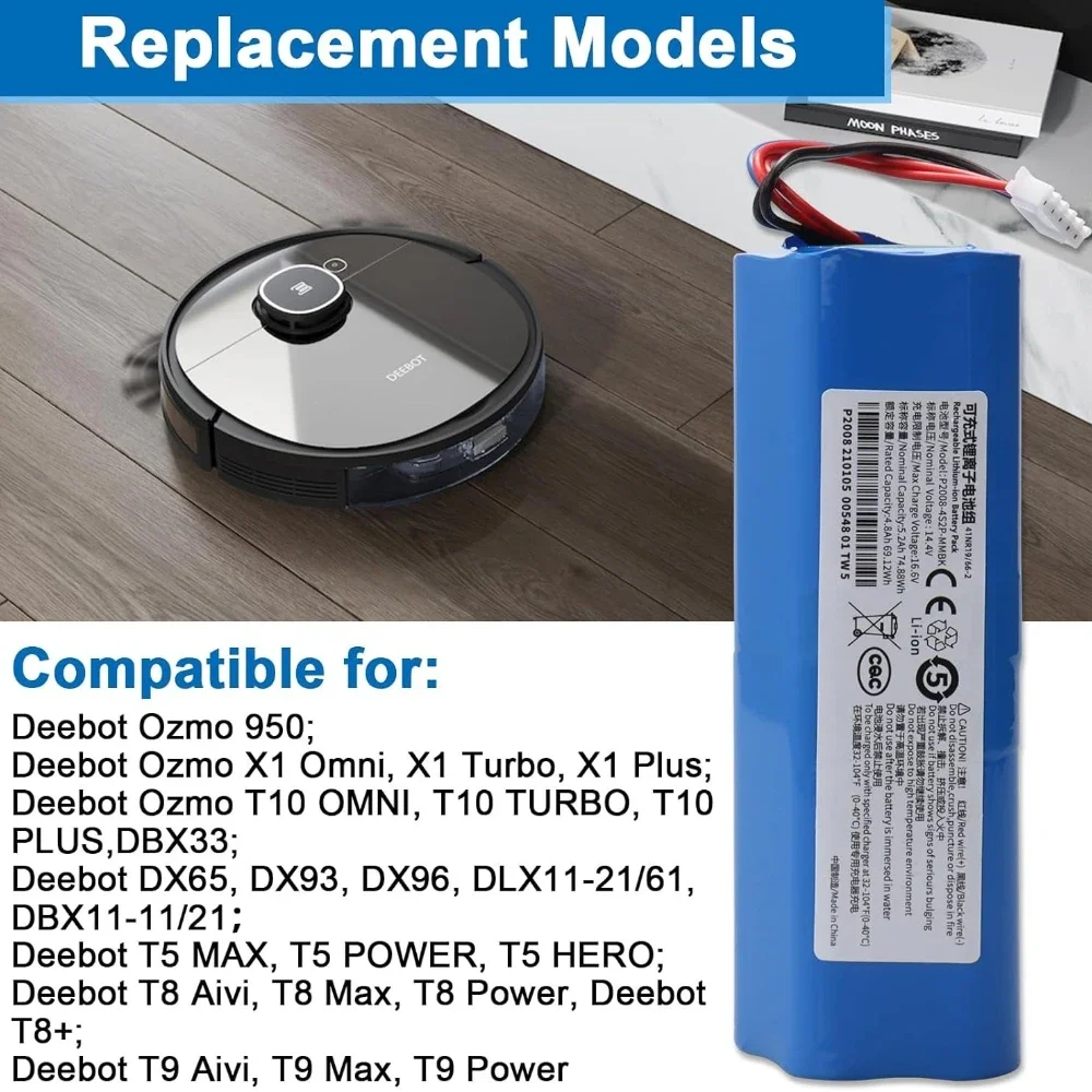 

Replacement 5600mAh 14.4V Battery for Ecovacs Deebot X1 T5 T8 T9 Ozmo 950 DX9G DX93 Robot Vacuum Cleaner