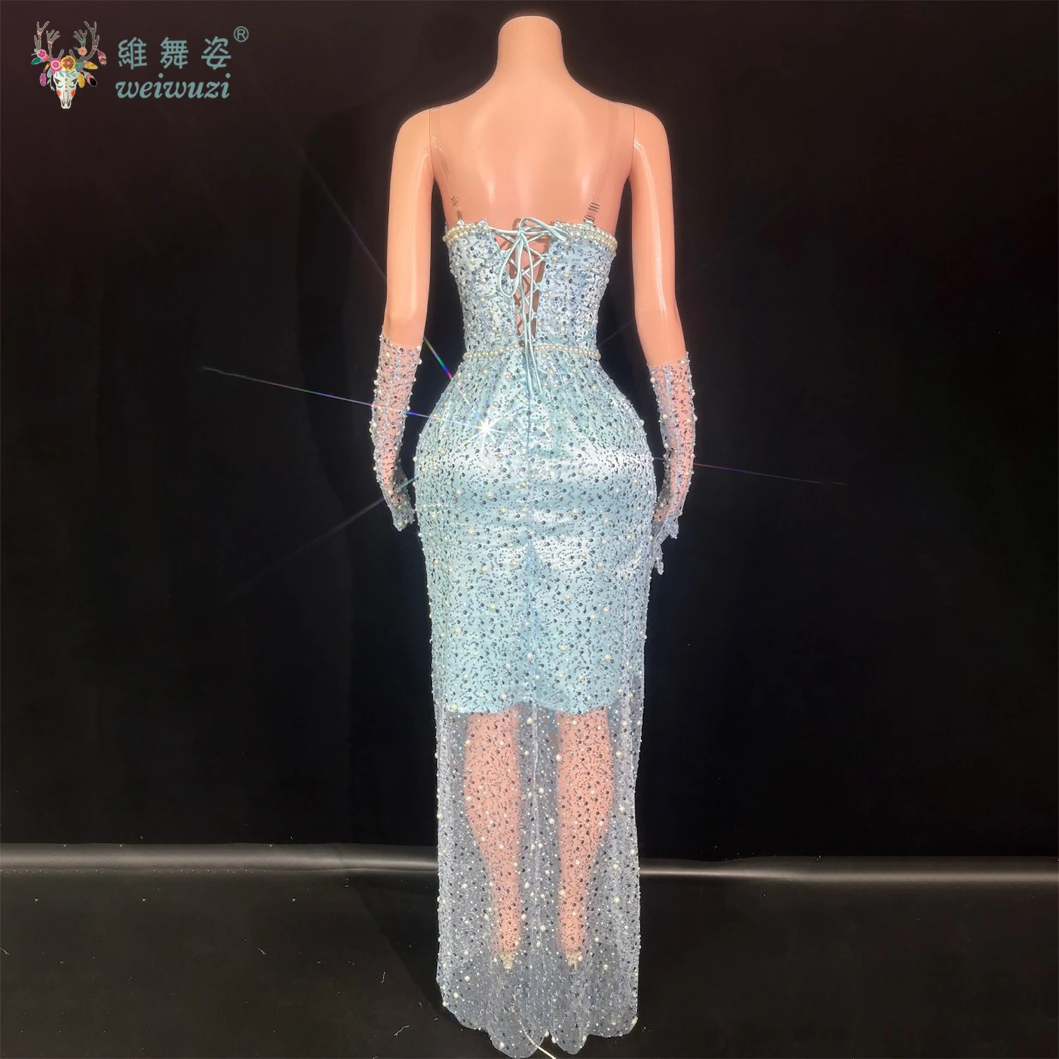 فستان أنيق من أحجار الراين واللؤلؤ للحفلات الراقصة باللون الأزرق فاخر مخصص للحفلات المسائية الرسمية فساتين الحمالات أزياء أداء المضيف