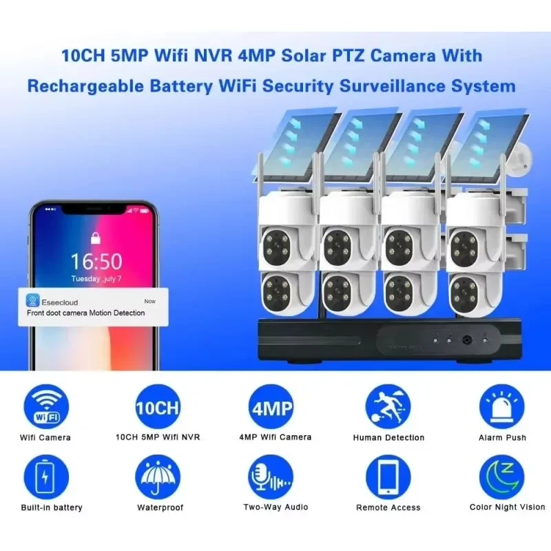 Camara De Seguridad 10CH 8CH 6CH 4CH 4MP طقم NVR لاسلكي للطاقة الشمسية الأمن PTZ واي فاي نظام مراقبة كاميرا CCTV في الهواء الطلق