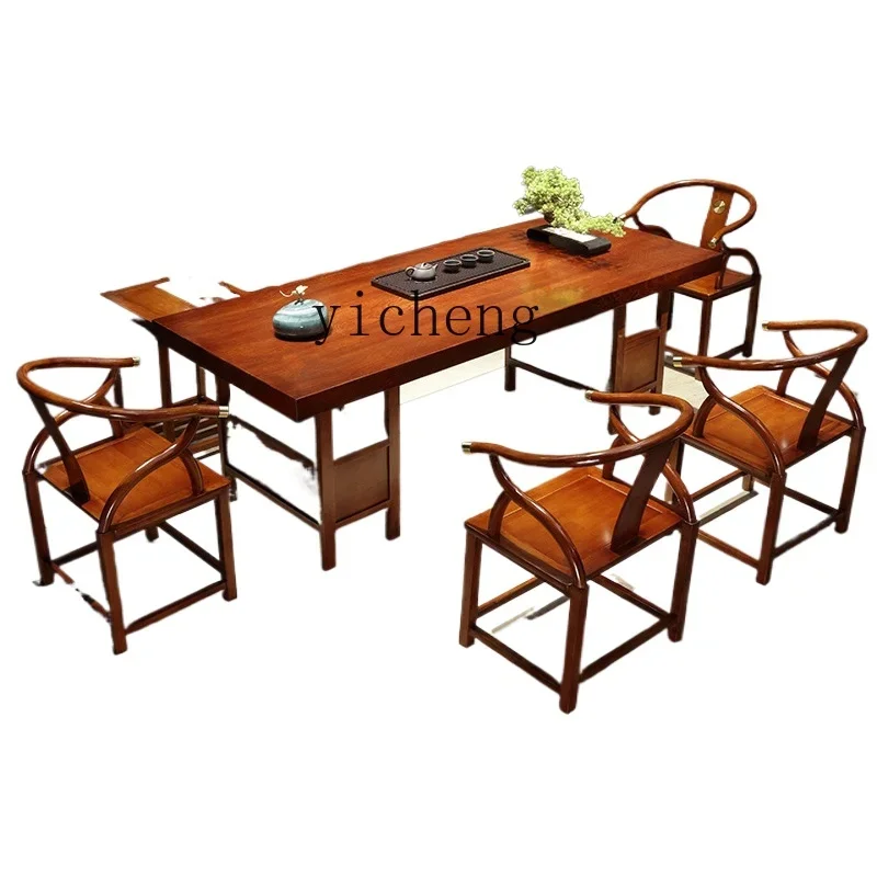 

XL black yellow sandalwood solid wood large board tea table and chair combination conference table mahogany book dining table