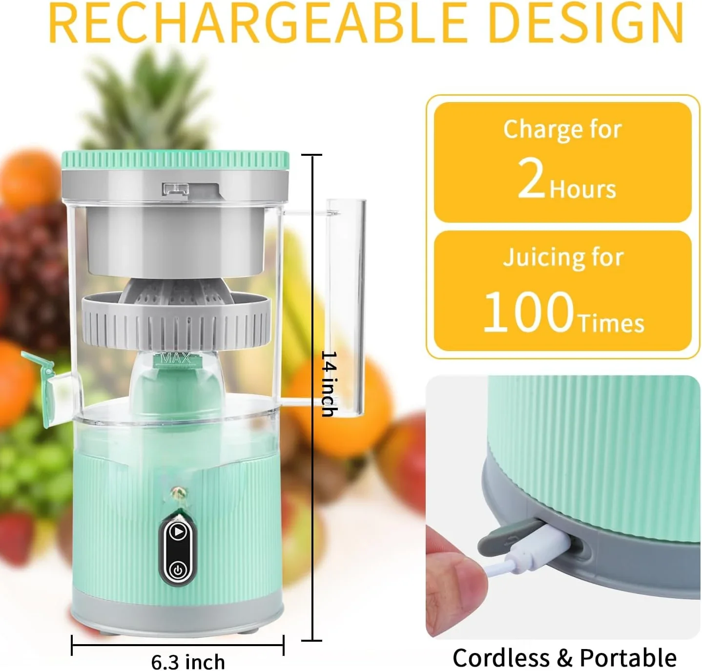 آلة عصارة الحمضيات القابلة لإعادة الشحن مع كابل USB وفرشاة تنظيف ، سهلة الاستخدام ، فواكه ، ليمون ، وجريب فروت ، Po