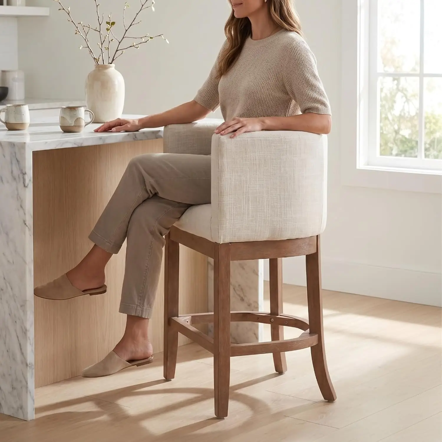Modern Counter Height Bar Stool, Farmhouse Barrel Back Arms, Natural Wood Frame, Linen Kitchen Island Counter, Customized