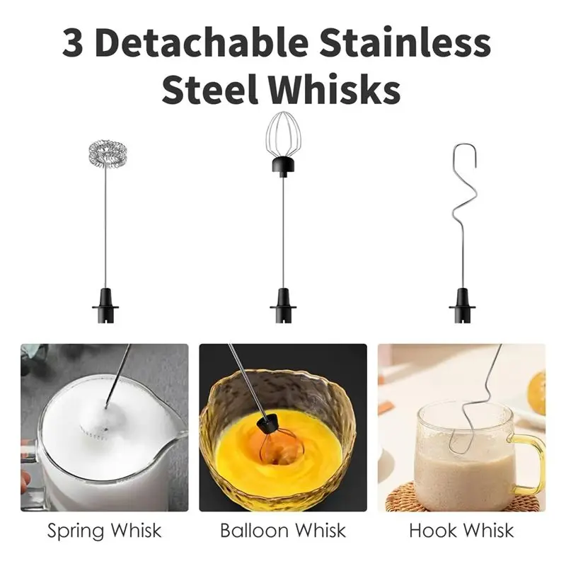 B69C Electric Whisk Foam Maker Rechargeable Milk Frother Handheld With 3 Detachable Stainless Steel Whisks, 3 Speed Adjustment