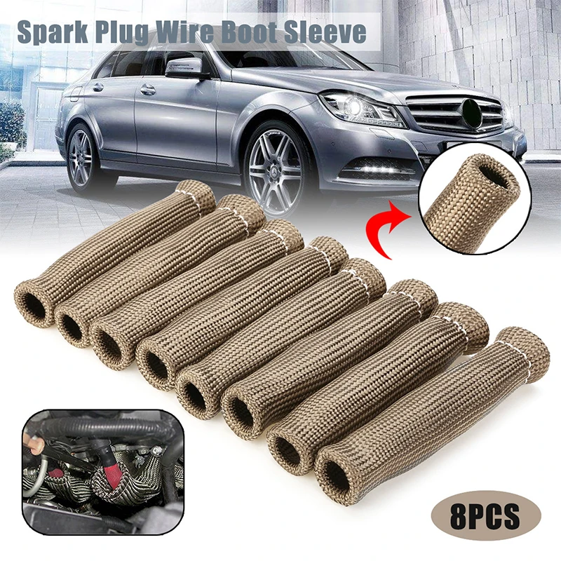 8Pcs Titanium Fiber Spark Plug Wire Boot Sleeves 2500℉ Heat Shield Insulation Protector for Car Turbo Mod, Red Black Titanium