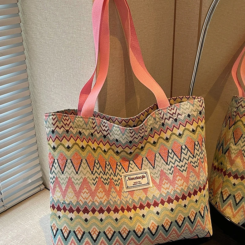 Bohemian Ethno-Stil Geometrischer Druck Canvas-Umhängetasche, Bunte Zickzack-Muster-Handtasche für Damen, Leichte Pendler-Tragetasche – Detail 17