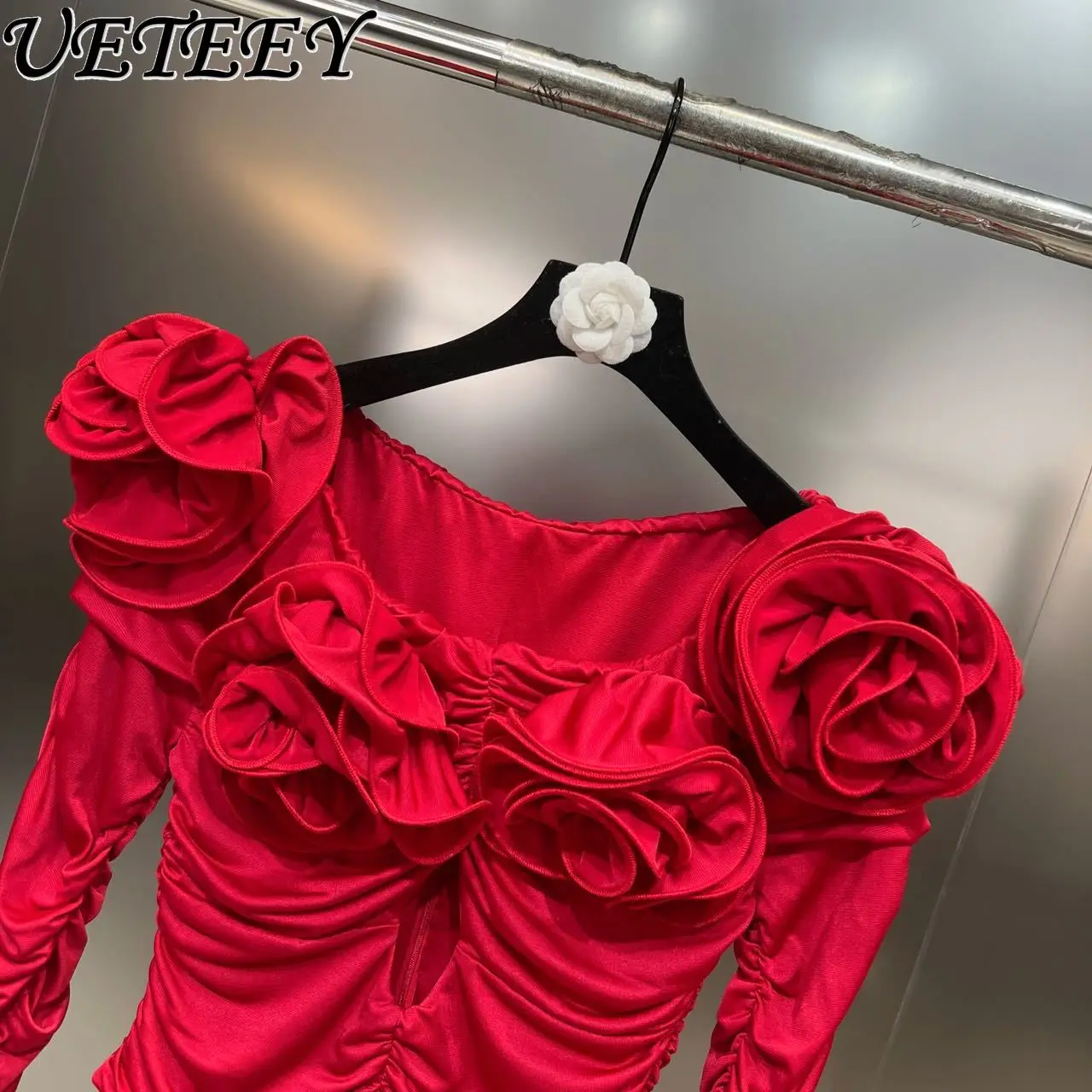 2024 automne nouveau élastique à manches longues 3D Floral à manches longues petit haut taille minceur piste Style minceur noir Blouses pour les femmes