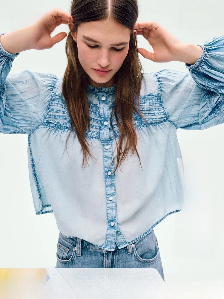 

H&M Retro Style Women's Cotton Denim Shirt Summer New Arrival Loose Fit Long Sleeve Button up Floral Collar Traditional Design