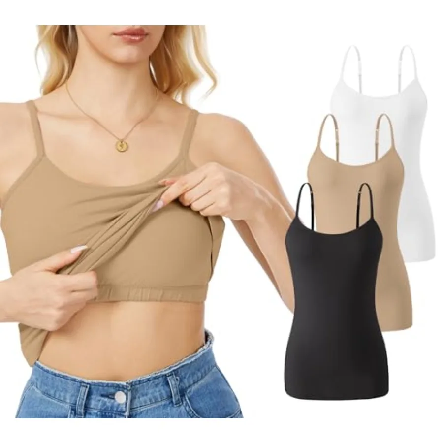 

Rosyline 3 Pcs Womens Cotton Camisole Built in Bra Tank Top Adjustable Spaghetti Strap Undershirt