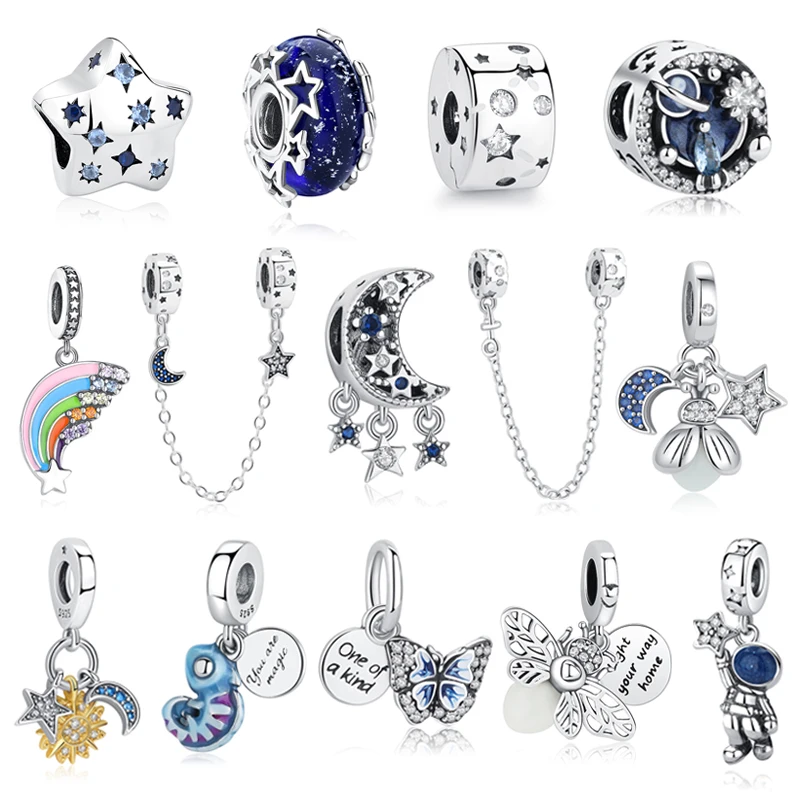 Original 925 Sterling Silver Charms For Women Moon Star Rainbow Firefly Pendant Beads Fit Pan Bracelets Necklaces DIY Jewelry