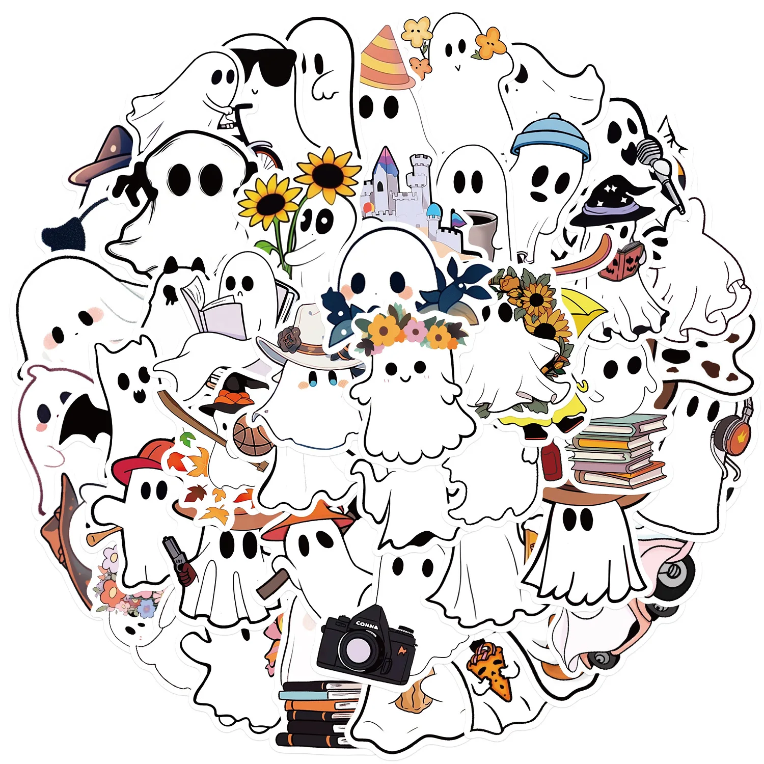 50pcs Cartoon Cute Halloween Ghost Stickers Kawaii Laptop Book Phone Suitcase Car Decoration Sticker Pack Decals Kids Girl Toy