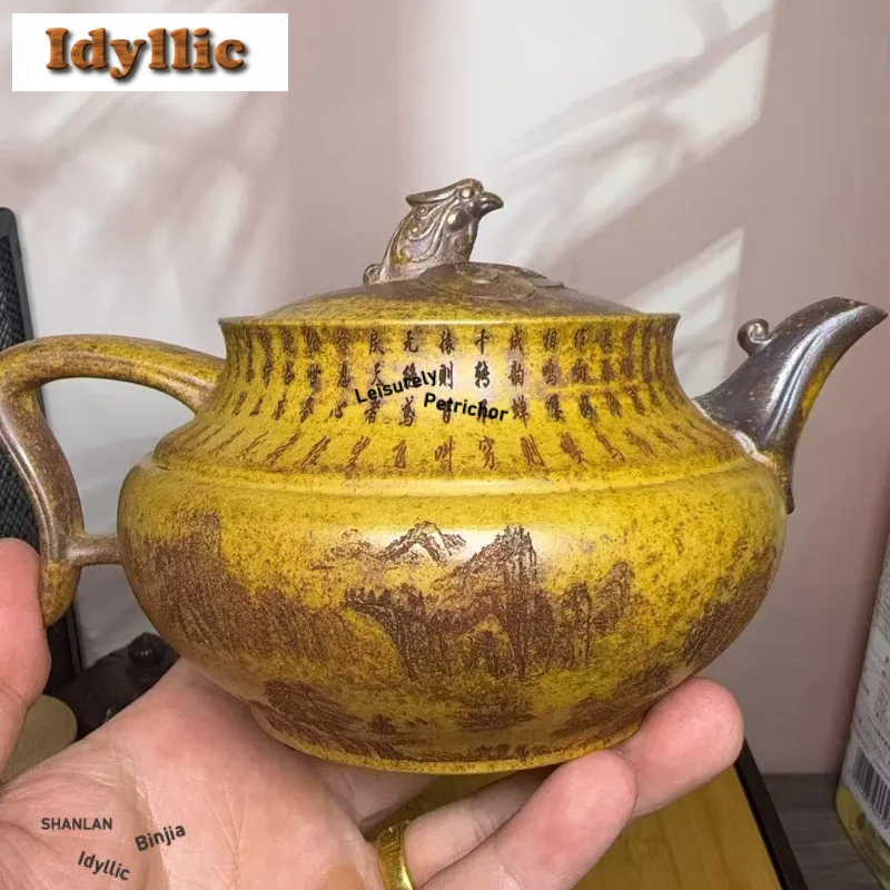 390ml Yixing Purple Clay Teapots Handmade Phoenix Pot Raw Ore Wood-fired Porcelain Mud Kettle With Strainer Zisha Tea Set Craft