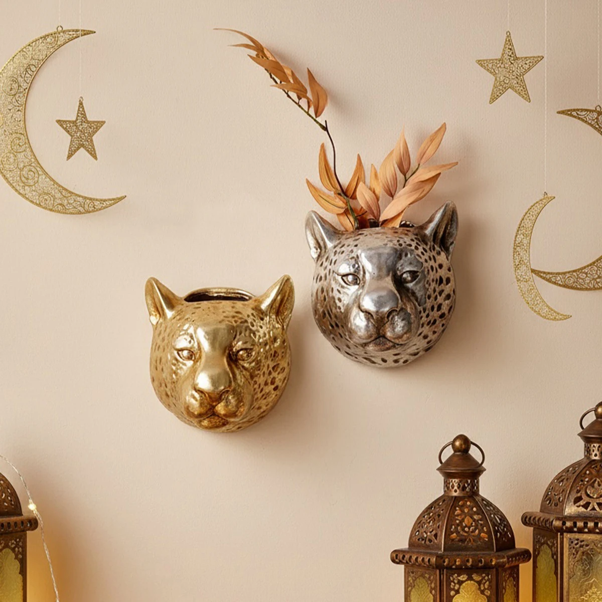 1PC, European Vintage Style Gold and Silver Leopard Head Wall Decoration Hanging Piece, Wall Decoration Flower Holder Decoration