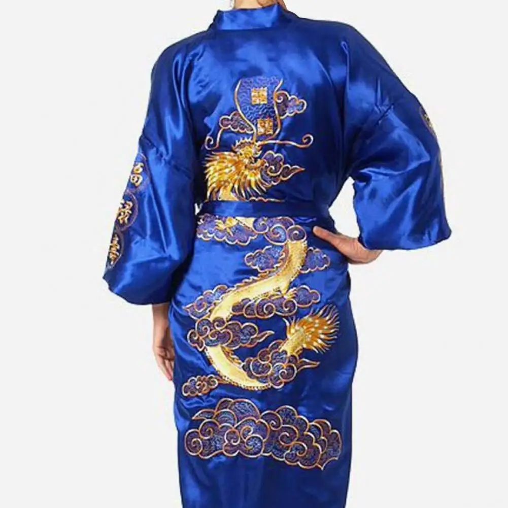 

Men Chinese Style Nightgown Elegant Dragon Embroidered Men's Satin Nightgown with Chinese Style V Neck Lace-up Strap for Stylish