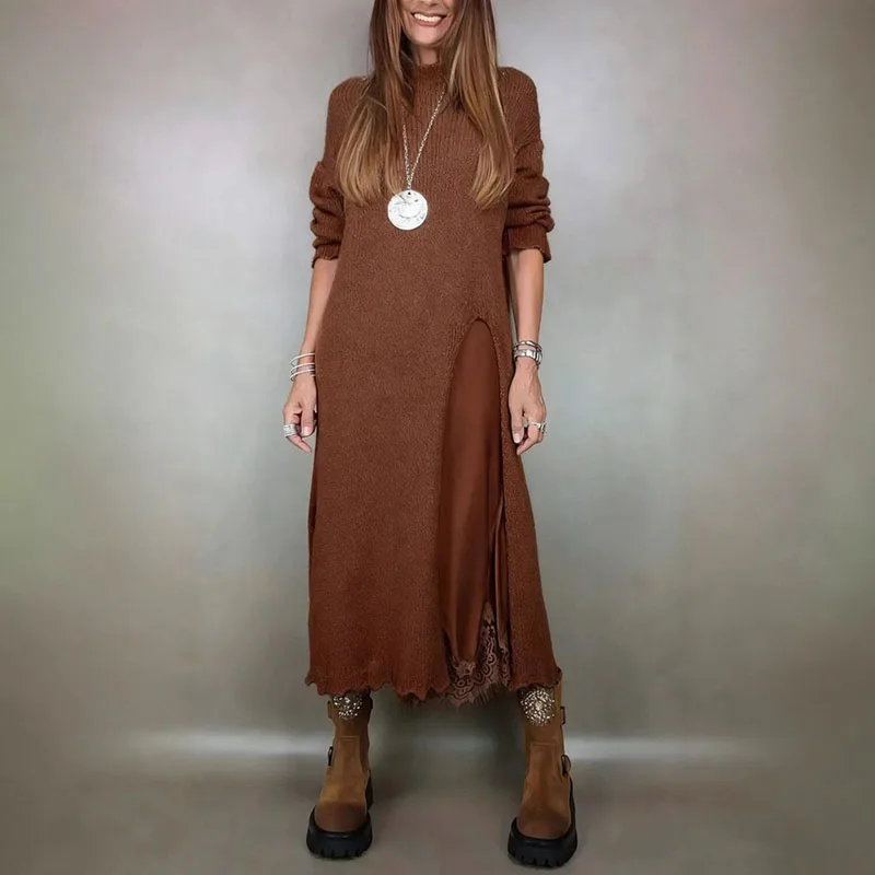 Sexy V-ausschnitt Spleißen Spitze Ärmelloses Kleid Anzug Frau O Neck Split Lange Top Pullover Outfit Herbst Winter Solide Stricken Pullover Set