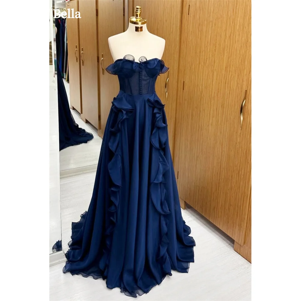 

Bella Dark Blue Satin Prom Dresses Strapless A-line Wedding Dress Elegant Sleeveless Edge Curl Floor-Length Vestidos De Fiesta