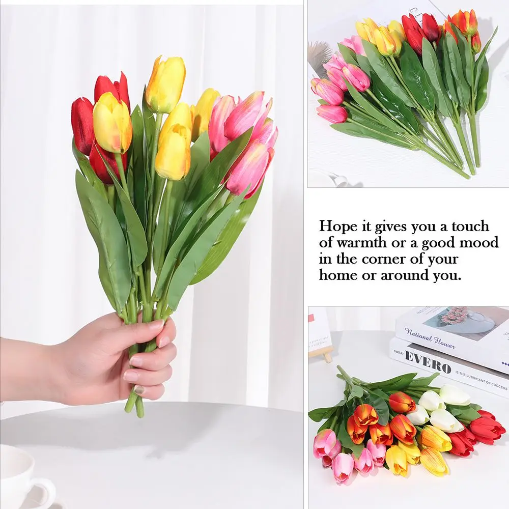 Photo Props Home Decoration Flower Bouquet Desktop Ornament Artificial Tulip Real Touh Leaf Simulation Plant 5 Heads Buds