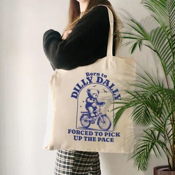 Born To Dilly Dally Forced To Pick Up - Bear Riding Bicycle Pattern Canvas Tote Bag Women Shopping Bags Reusable Shoulder Bag