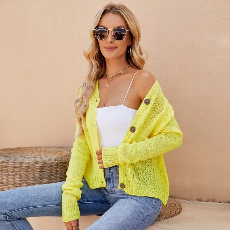 

Elegant Solid Color Knitted Women's Thin Coat Fluorescent Powder V-neck Button Long Sleeved Knitted Cardigan Sweater Autumn New