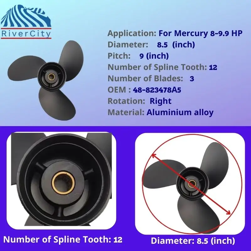 8.5×9 Outboard Propeller For Mercury 8 HP 9.9 HP Motor Aluminum Alloy 3 Blades 12 Spline Tooth Drive Marine Engine Part