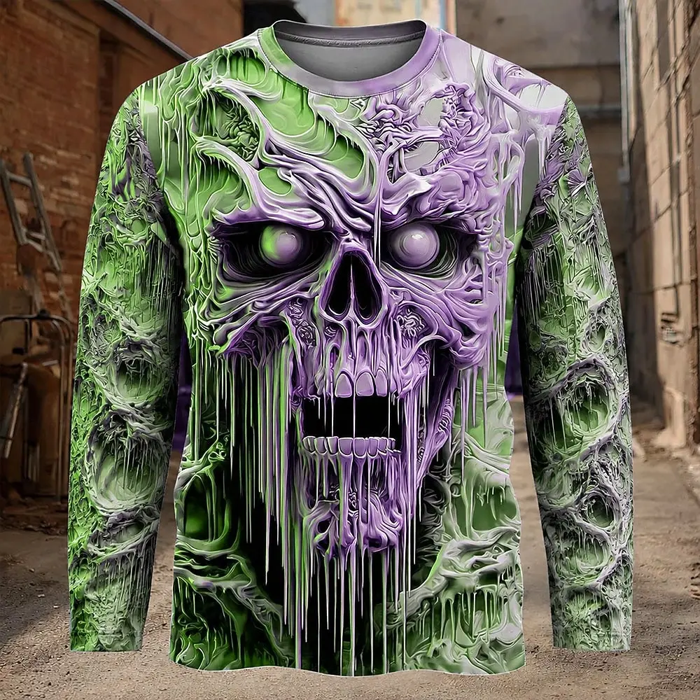 Men's 3D Melting Skull Graphic Long Sleeve Tee Gothic Horror Werewolf Full Moon Print Crew Neck Casual Halloween Streetwear Top