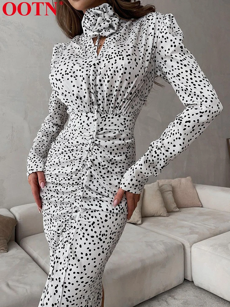 OOTN Polka Dot Dress For Women V Neck High Waist Long Dress Sexy Long Sleeve Midi Dresses Elegant Female 2024 Summer Fashion