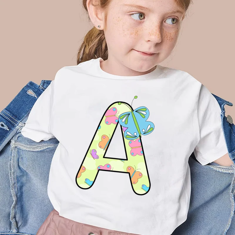 Yong Girl Top Tee 26 Butterfly Alphabet Print T-shirt Clothing Birthday Gift Harajuku Fashion Y2K Tops Butterfly Letter N Shirt