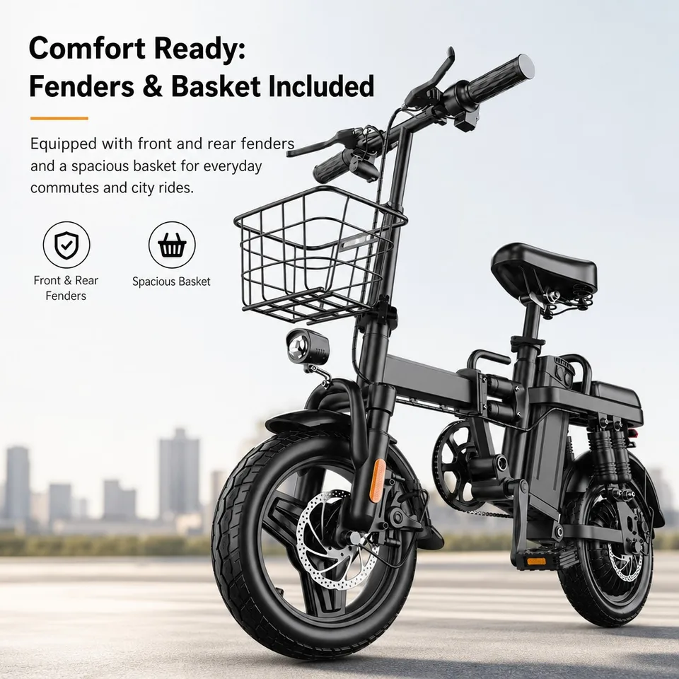 48V 500W Powerful Electric Bike, 43km/h Top Speed, 60km Assist Range, 14" Foldable Frame Fits Trunk, Dual Disc Brakes Rain-Ready, 150kg Load, Fenders & Basket Included, Commuter E-Bike image 8