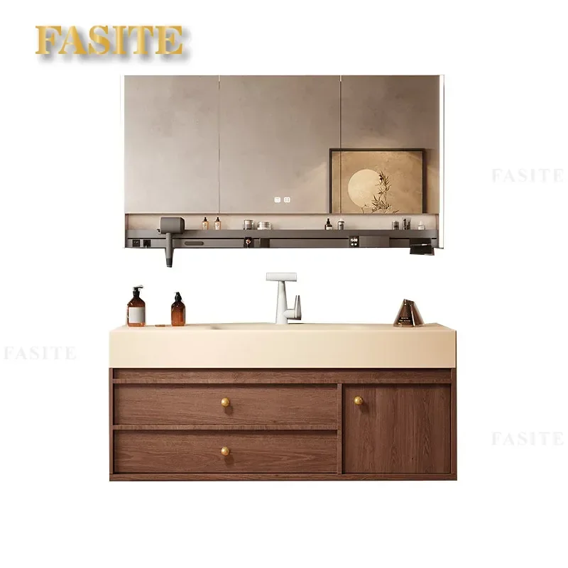 For Romantic Medieval Style Rock Slab Hot Bending Integrated Basin Bathroom Cabinet Solid Wood Combination Smart Hand Wash