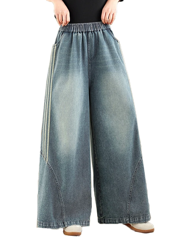 Auténticos pantalones vaqueros informales de pierna ancha, pantalones vaqueros elásticos sueltos adelgazantes de pierna recta, mezcla de poliéster y algodón de cintura alta