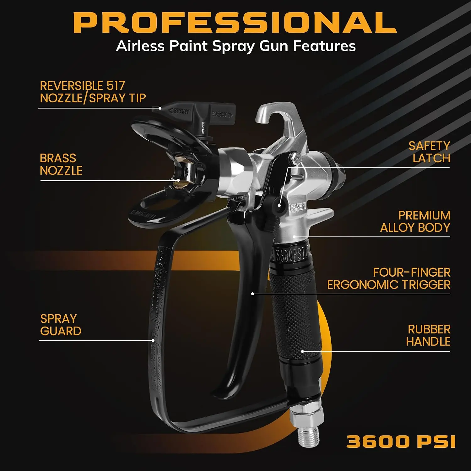 Airless Paint Sprayer Gun Premium Model 821, High Pressure 3600 PSI with 517 Reversible Nozzle Tip, Swivel Joint, Rubber Handle,