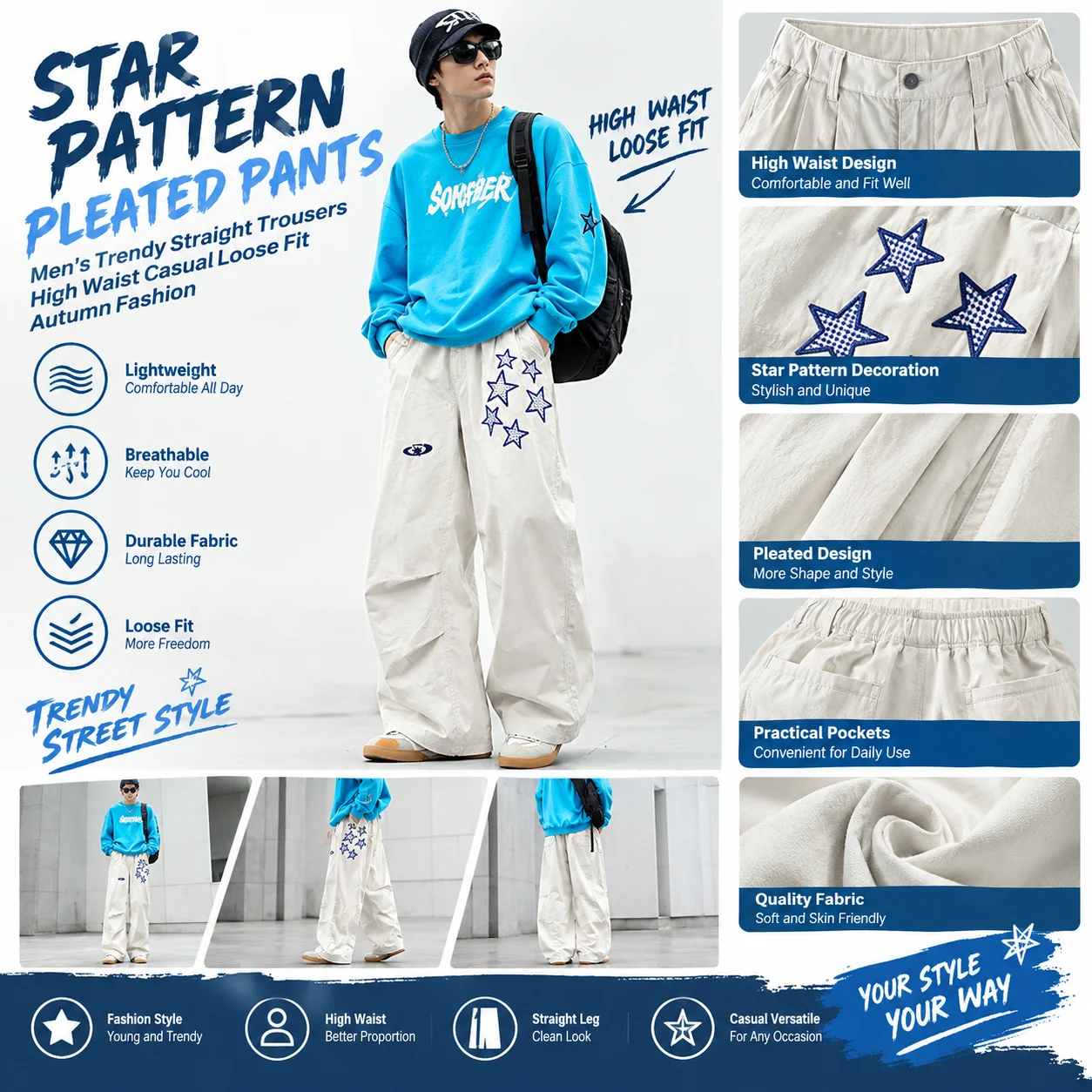 Men's Star Pattern Pleated Design Thin Pants Autumn Young Boy Trendy Straight Male High Waist Casual Loose Trousers