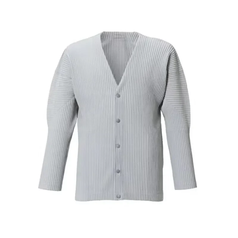 ALSEY Miyake Pleated Men's Cardigan Jackets Japanese Autumn New Craft Simple Casual Plus Size Loose V-neck Single Breasted Coat