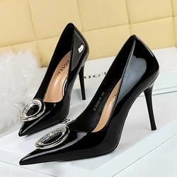 BIGTREE Patent Leather Metal Decoration Women's Pumps Sexy Pointed Toe Thin Heels Wedding Shoes Zapatillas De Mujer