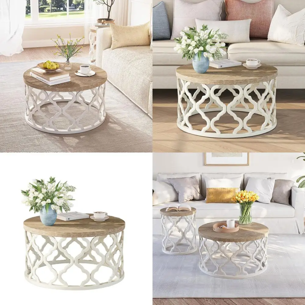 

French-Inspired Round Distressed Coffee Table with Curved Base for Living, Dining, and Bedroom Spaces