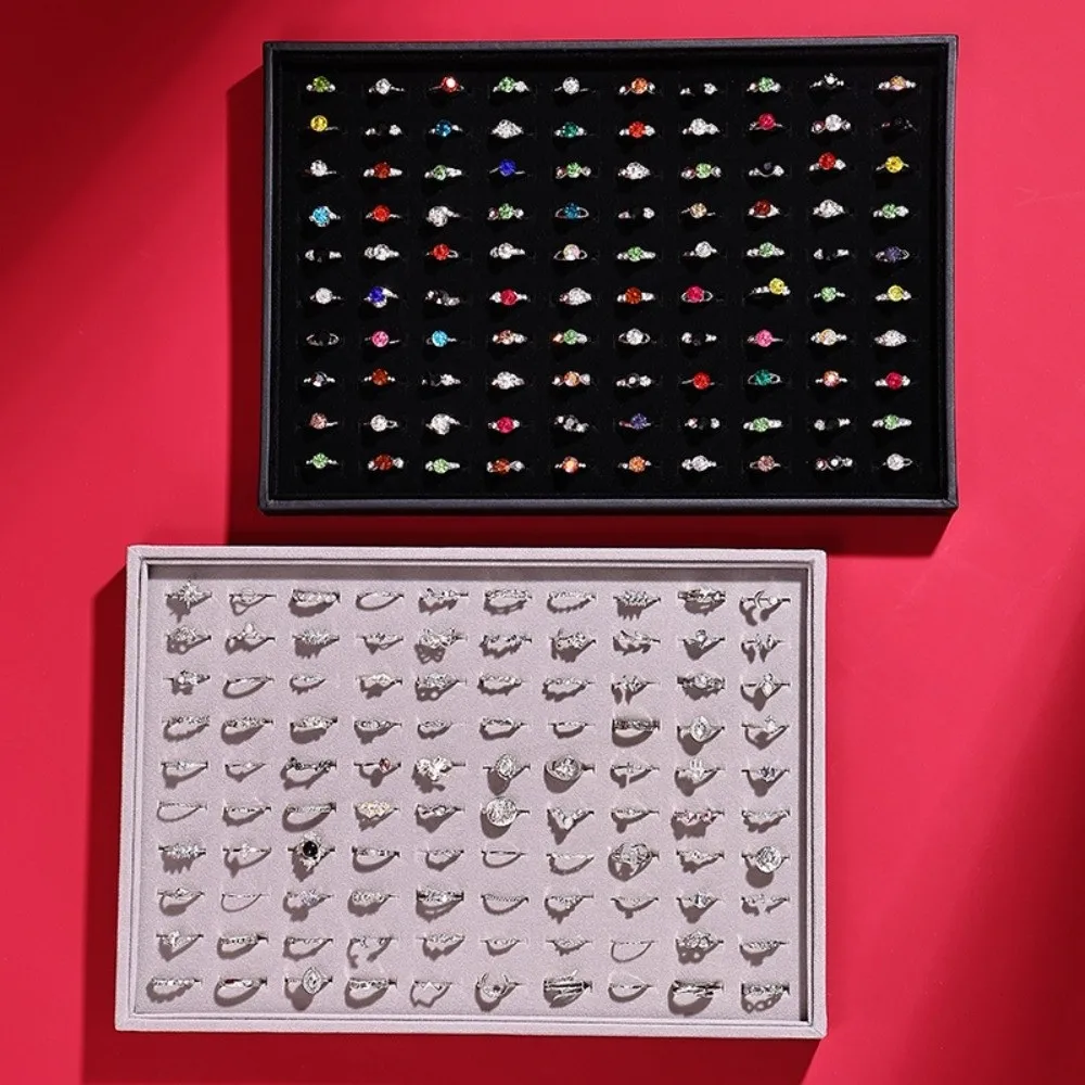 100 Slot Rings Display Organizer Stackable Anti-slip Jewelry Display Tray Space Saving Wear-resistant Wood Velvet Jewelry Pallet