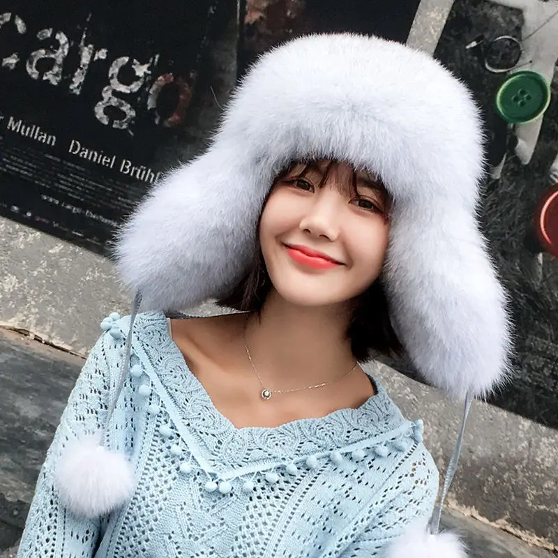 2022 Hình Thật 100% Cáo Lông Nón Nữ Nga Ushanka Aviator Bẫy Bắt Tuyết Trượt Tuyết Nón Mũ Lưỡi Trai Earflap Mùa Đông Gấu Trúc Lông Thú máy Bay Ném