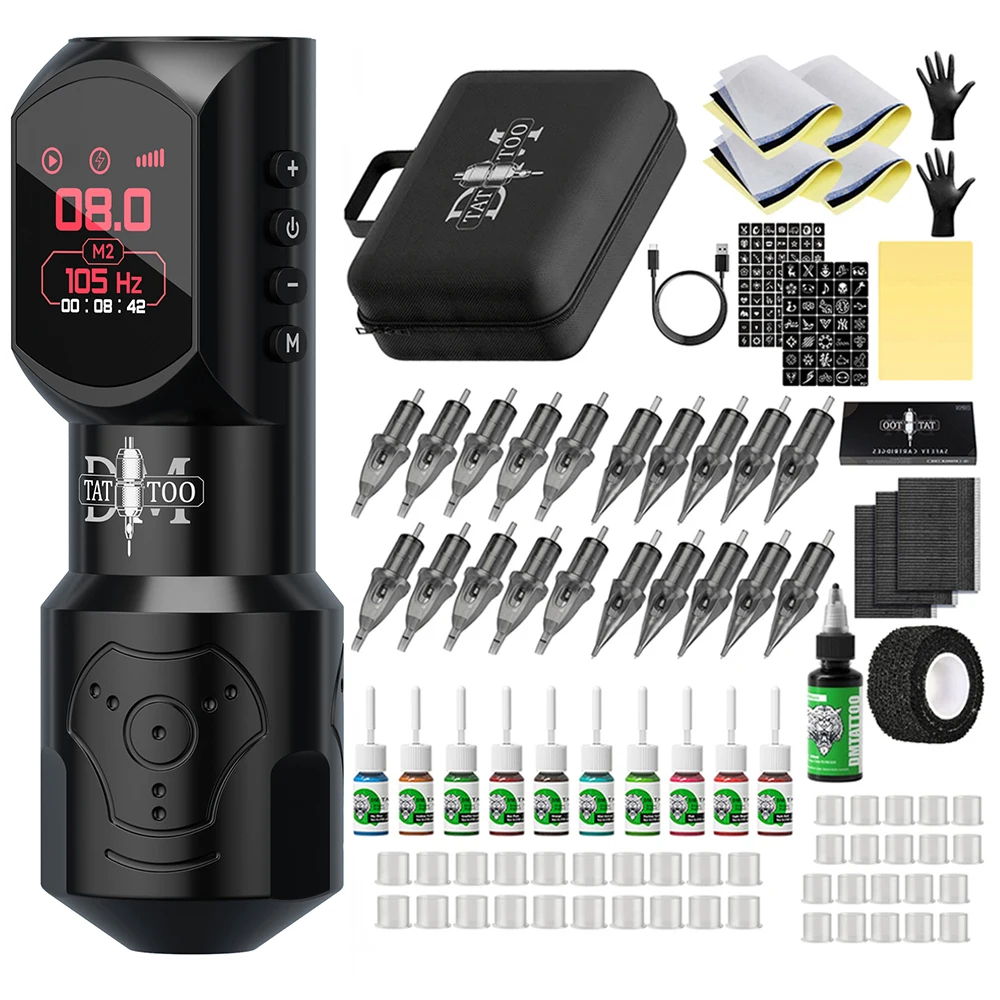 DM Red-dragon Wireless Tattoo Pen Kit with 4.0 Stroke Large Color Screen Digital Display Permanent Makeup Tattoo Machine Kit