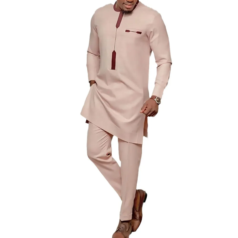 Pale Pinkish-grey 2-piece Young Men's Shirt Celebrity Hot Sale Top Muslim Man Plus Size Wear Handsome Gorgeous African Set