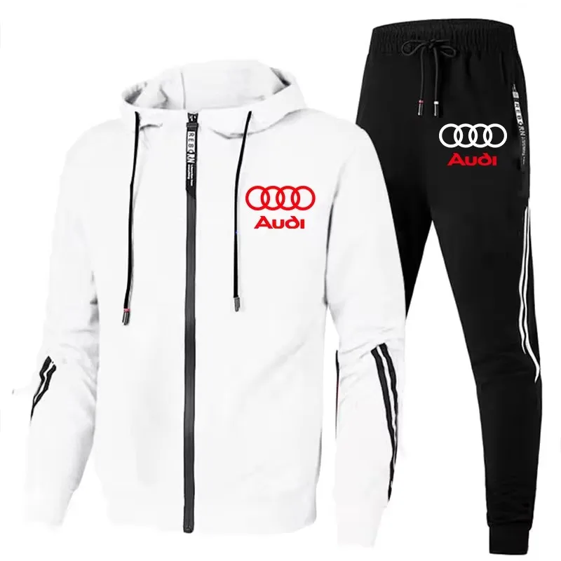 Men\'s Audi Logo Tracksuit Zip Hoodie+Pants 2 Piece Set Casual Fitness Running Sportswear Suit Autumn Winter Coat Hoodie Suit