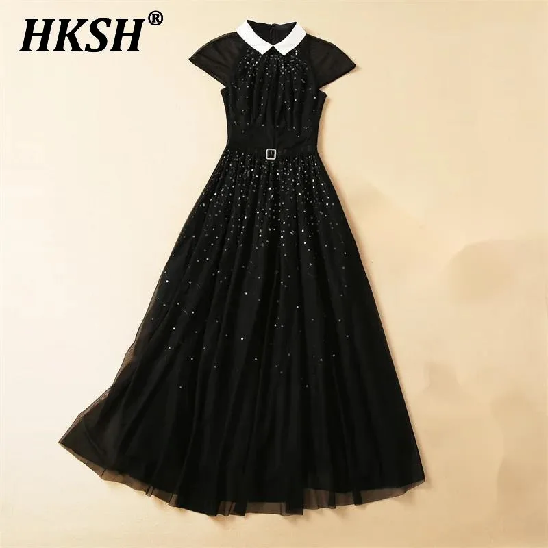 HKSH صيف جديد إمرأة شيك أنيق Ins موضة شارع العليا شبكة الترتر مطوي ألف خط الخصر Cinching ثوب التخسيس HK6322