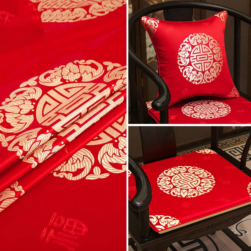 

Chinese Fabric Red Festive Clothes Seat Cushions Pillow Chinese Style Rosewood Furniture Imitation Silk Brocade Satin